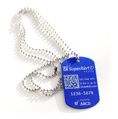 SuperAlert ID Pendant - Blue Anodized Aluminum  w. Chain and Lifetime DynoIQ™  Service.