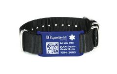 SuperAlertID Aluminum Wristband ID, Blue on Black NATO Strap